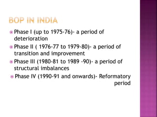  Phase I (up to 1975-76)- a period of
deterioration
 Phase II ( 1976-77 to 1979-80)- a period of
transition and improvement
 Phase III (1980-81 to 1989 -90)- a period of
structural imbalances
 Phase IV (1990-91 and onwards)- Reformatory
period
 