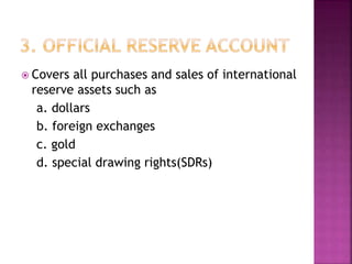  Covers all purchases and sales of international
reserve assets such as
a. dollars
b. foreign exchanges
c. gold
d. special drawing rights(SDRs)
 