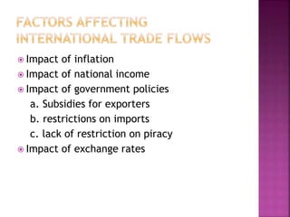  Impact of inflation
 Impact of national income
 Impact of government policies
a. Subsidies for exporters
b. restrictions on imports
c. lack of restriction on piracy
 Impact of exchange rates
 