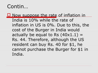 Contin…
 Now suppose the rate of inflation in
India is 10% while the rate of
inflation in US is 0%. Due to this, the
cost of the Burger in India would
actually be equal to Rs (40x1.1) =
Rs. 44. Therefore, although the US
resident can buy Rs. 40 for $1, he
cannot purchase the Burger for $1 in
India.
 