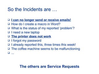 So the Incidents are … I can no longer send or receive emails! How do I create a macro in Word? What is the status of my reported ‘problem’? I need a new laptop The printer does not work I forgot my password I already reported this, three times this week! The coffee machine seems to be malfunctioning ... The others are Service Requests 