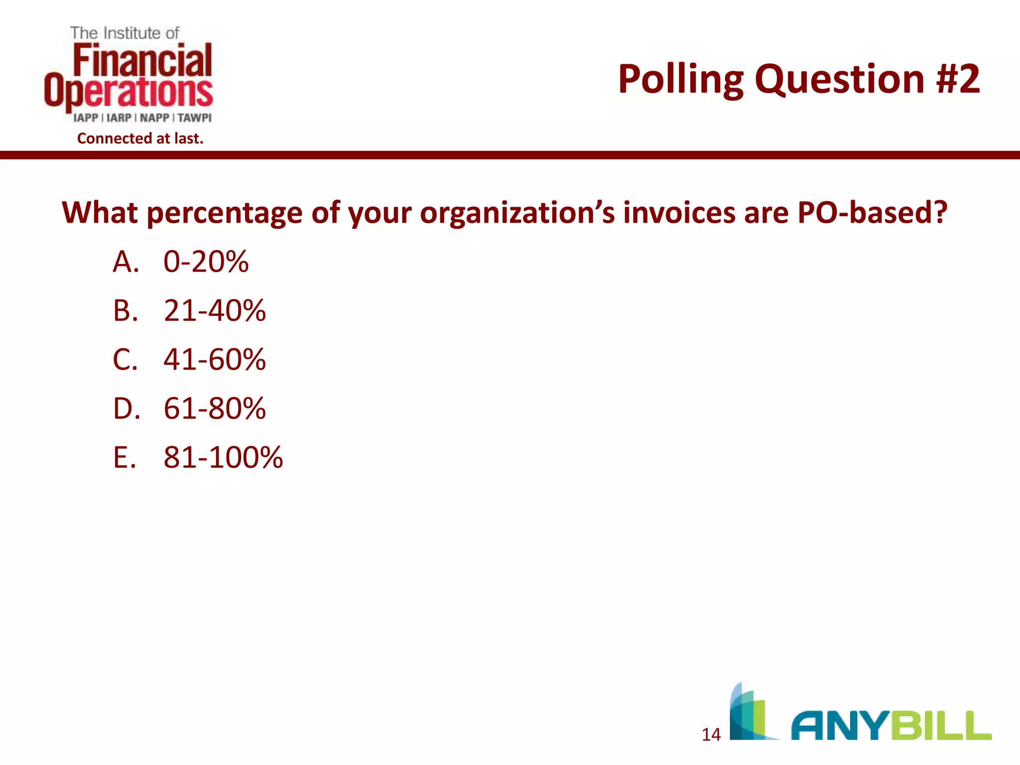 Polling Question #2
Connected at last.

What percentage of your organization’s invoices are PO-based?
A. 0-20%
B. 21-40%
C. 41-60%
D. 61-80%
E. 81-100%

14

 