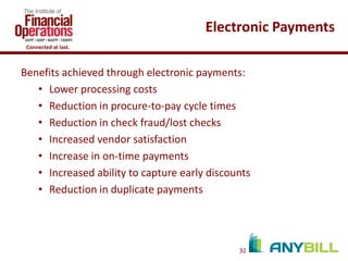 Electronic Payments
Connected at last.

Benefits achieved through electronic payments:
• Lower processing costs
• Reduction in procure-to-pay cycle times
• Reduction in check fraud/lost checks
• Increased vendor satisfaction
• Increase in on-time payments
• Increased ability to capture early discounts
• Reduction in duplicate payments

32

 