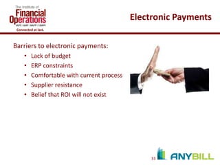 Electronic Payments
Connected at last.

Barriers to electronic payments:
•
•
•
•
•

Lack of budget
ERP constraints
Comfortable with current process
Supplier resistance
Belief that ROI will not exist

33

 