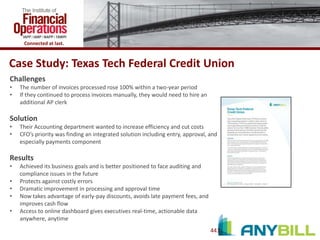 Connected at last.

Case Study: Texas Tech Federal Credit Union
Challenges
•
•

The number of invoices processed rose 100% within a two-year period
If they continued to process invoices manually, they would need to hire an
additional AP clerk

Solution
•
•

Their Accounting department wanted to increase efficiency and cut costs
CFO’s priority was finding an integrated solution including entry, approval, and
especially payments component

Results
•
•
•
•
•

Achieved its business goals and is better positioned to face auditing and
compliance issues in the future
Protects against costly errors
Dramatic improvement in processing and approval time
Now takes advantage of early-pay discounts, avoids late payment fees, and
improves cash flow
Access to online dashboard gives executives real-time, actionable data
anywhere, anytime
441

 