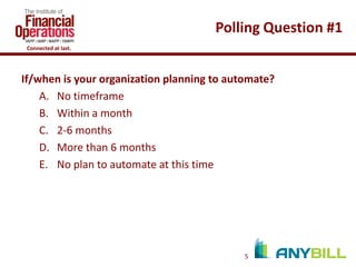 Polling Question #1
Connected at last.

If/when is your organization planning to automate?
A. No timeframe
B. Within a month
C. 2-6 months
D. More than 6 months
E. No plan to automate at this time

5

 