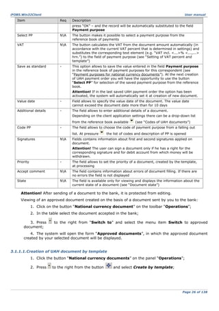 iFOBS.Win32Client

Item

User manual

Req

Description
press “OK” – and the record will be automatically substituted to the field
Payment purpose

Select PP

NA

The button makes it possible to select a payment purpose from the
reference book of payments

VAT

NA

The button calculates the VAT from the document amount automatically (in
accordance with the current VAT percent that is determined in settings) and
substitutes the corresponding text element (e.g. “VAT incl. <...>% <...,...>
hrn.”) to the field of payment purpose (see “Setting of VAT percent and
template”)

Save as standard

-

This option allows to save the value entered in the field Payment purpose
in the reference book of payment purposes for this correspondent (see
“Payment purposes for national currency documents”). At the next creation
of UAH payment order you will have the opportunity to use the button
“Select PP” for selection of the saved payment purpose from the reference
book.
Attention! If in the last saved UAH payment order the option has been
activated, the system will automatically set it at creation of new document.

Value date

-

Field allows to specify the value date of the document. The value date
cannot exceed the document date more than for 10 days

Additional details

-

The field allows to enter additional details of a document.
Depending on the client application settings there can be a drop-down list
from the reference book available

Code PP

-

Signatures

NA

(see “Codes of UAH documents”)

The field allows to choose the code of payment purpose from a falling out
list. At pressure

the list of codes and description of PP is opened

Fields contains information about first and second signatures applied on
document.
Attention! The user can sign a document only if he has a right for the
corresponding signature and for debit account from which money will be
withdrawn.

Priority

-

The field allows to set the priority of a document, created by the template,
at processing

Accept comment

NA

The field contains information about errors of document filling. If there are
no errors the field is not displayed

State

NA

The field is available only for viewing and displays the information about the
current state of a document (see “Document state”)

Attention! After sending of a document to the bank, it is protected from editing.
Viewing of an approved document created on the basis of a document sent by you to the bank:
1. Click on the button “National currency document” on the toolbar “Operations”;
2. In the table select the document accepted in the bank;
3. Press
document;

to the right from “Switch to” and select the menu item Switch to approved

4. The system will open the form “Approved documents”, in which the approved document
created by your selected document will be displayed.
3.1.1.1.Creation of UAH document by template
1. Click the button “National currency documents” on the panel “Operations”;
2. Press

to the right from the button

and select Create by template;

Page 26 of 138

 
