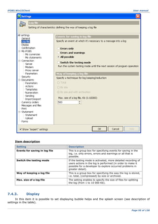 iFOBS.Win32Client

User manual

Item description
Setting

Description

Events for saving in log file

This is a group box for specifying events for saving in the
log, i.e. only errors, errors and warnings or all that is
possible.

Switch the testing mode

If the testing mode is activated, more detailed recording of
users actions in the log is performed (in order to make it
possible for a developer to explore occurred problems in
greater detail).

Way of keeping a log file

This is a group box for specifying the way the log is stored,
i.e. total, (compressed) by size or archived.

Max. size of a log file

The setting enables to specify the size of files for splitting
the log (from 1 to 10 000 Kb).

7.4.3.

Display

In this item it is possible to set displaying bubble helps and the splash screen (see description of
settings in the table).
Page 95 of 138

 