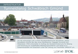 Tunneldialog Schwäbisch Gmünd
INFRASTRUKTUR
Um die schmutzige Luft in einem Bundestraßentunnel abzuführen, plante
Schwäbisch Gmünd den Bau eines Abluftkamins. Dagegen formierte sich
Widerstand. IFOK entwickelte im Auftrag des Bundesministeriums für Bildung
und Forschung ein modellhaftes Beteiligungsverfahren und setzte es in
Zusammenarbeit mit Gutachtern unter der Leitung von Fraunhofer UMSICHT um.
Foto: Stadtverwaltung Schwäbisch Gmünd
 