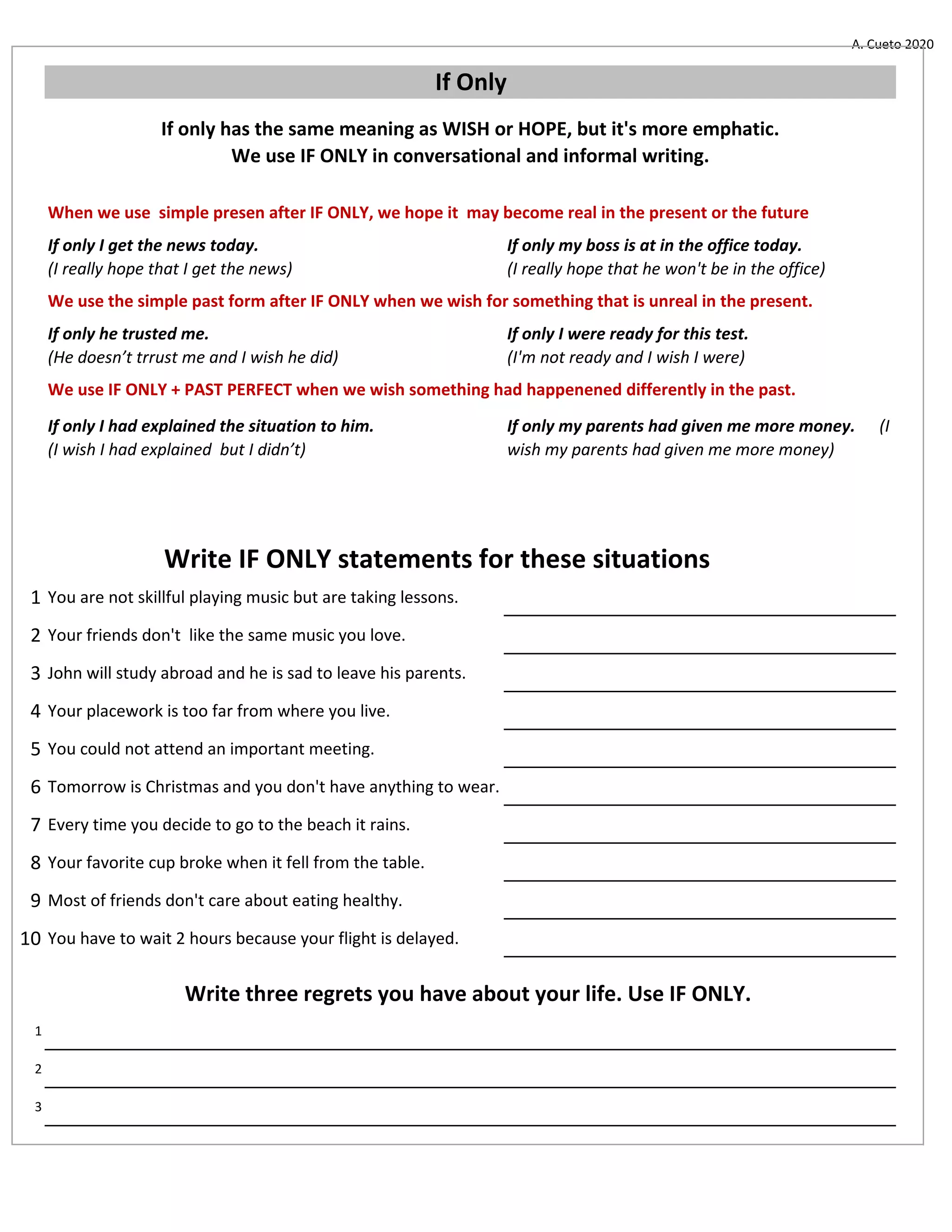 If-only practice sheet