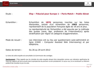 ÉLECTION
           PRESIDENTIELLE




    Etude :                              Ifop – Fiducial pour Europe 1 – Paris Match – Public Sénat



    Echantillon :                        Echantillon de 1876 personnes inscrites sur les listes
                                         électorales, extrait d’un échantillon de 1962 personnes,
                                         représentatif de la population française âgée de 18 ans et plus.
                                         La représentativité de l’échantillon a été assurée par la méthode
                                         des quotas (sexe, âge, profession de l’interviewé(e)) après
                                         stratification par région et catégorie d’agglomération.


    Mode de recueil :                    Les interviews ont eu lieu par questionnaire auto-administré en
                                         ligne (CAWI - Computer Assisted Web Interviewing) et par
                                         téléphone.


    Dates de terrain :                   Du 26 au 29 avril 2012


    La notice de cette enquête est consultable à la Commission des sondages.

    Avertissement : l’Ifop rappelle que les résultats de cette enquête doivent être interprétés comme une indication significative de
    l’état des rapports de force actuels dans la perspective du prochain scrutin présidentiel. En aucun cas, ils ne constituent un élément
    prédictif des résultats le jour du vote.
                                                                                                                                      Avril 2012
Connection creates value                                                                                                             Page 4 4
                                                                                                                                         Page
 