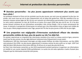 Internet et protection des données personnelles <ul><li>Données personnelles : les plus jeunes apparaissent nettement plus...