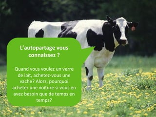  
L’autopartage	
  vous	
  
connaissez	
  ?	
  
	
  
Quand	
  vous	
  voulez	
  un	
  verre	
  
de	
  lait,	
  achetez-­‐vous	
  une	
  
vache?	
  Alors,	
  pourquoi	
  
acheter	
  une	
  voiture	
  si	
  vous	
  en	
  
avez	
  besoin	
  que	
  de	
  temps	
  en	
  
temps?	
  
	
  
 
