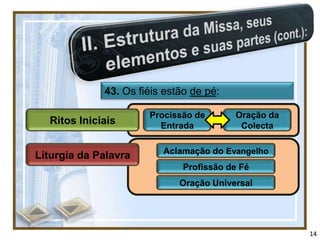 43. Os fiéis estão de pé:

                      Procissão de       Oração da
  Ritos Iniciais        Entrada           Colecta

                         Aclamação do Evangelho
Liturgia da Palavra
                              Profissão de Fé
                             Oração Universal




                                                     14
 