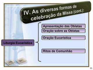 Apresentação das Oblatas
                       Oração sobre as Oblatas

                       Oração Eucaristica
Liturgia Eucarística

                       Ritos de Comunhão




                                                  25
 