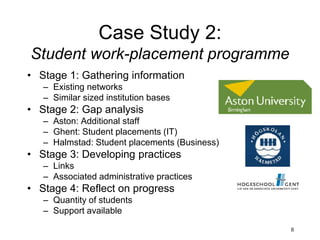 8
Case Study 2:
Student work-placement programme
• Stage 1: Gathering information
– Existing networks
– Similar sized institution bases
• Stage 2: Gap analysis
– Aston: Additional staff
– Ghent: Student placements (IT)
– Halmstad: Student placements (Business)
• Stage 3: Developing practices
– Links
– Associated administrative practices
• Stage 4: Reflect on progress
– Quantity of students
– Support available
 