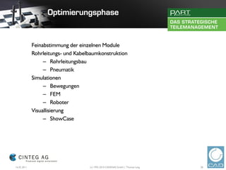 Feinabstimmung der einzelnen Module
             Rohrleitungs- und Kabelbaumkonstruktion
                  – Rohrleitungsbau
                  – Pneumatik
             Simulationen
                  – Bewegungen
                  – FEM
                  – Roboter
             Visuallisierung
                  – ShowCase




16.02.2011                          (c) 1992-2010 CADENAS GmbH | Thomas Lang   28
 