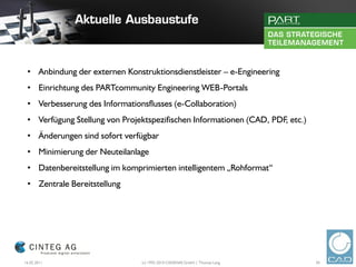 • Anbindung der externen Konstruktionsdienstleister – e-Engineering
 • Einrichtung des PARTcommunity Engineering WEB-Portals
 • Verbesserung des Informationsflusses (e-Collaboration)
 • Verfügung Stellung von Projektspezifischen Informationen (CAD, PDF etc.)
                                                                     ,
 • Änderungen sind sofort verfügbar
 • Minimierung der Neuteilanlage
 • Datenbereitstellung im komprimierten intelligentem „Rohformat“
 • Zentrale Bereitstellung




16.02.2011                     (c) 1992-2010 CADENAS GmbH | Thomas Lang       30
 