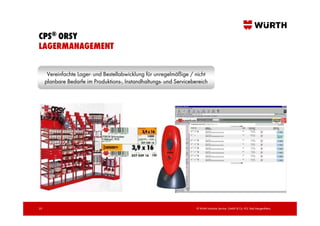 CPS® ORSY
LAGERMANAGEMENT

      Vereinfachte Lager- und Bestellabwicklung für unregelmäßige / nicht
     planbare Bedarfe im Produktions-, Instandhaltungs- und Servicebereich




20                                                                   © Würth Industrie Service GmbH & Co. KG, Bad Mergentheim,
 