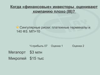 Когда «финансовые» инвесторы оценивают
          компанию плохо (III)?



     Сингулярные риски: платежные терминалы и
   140 ФЗ. МП=10



           Ч.прибыль 07   Оценка 1   Оценка 2

Мегапорт   $3 млн
Микропей $15 тыс
 