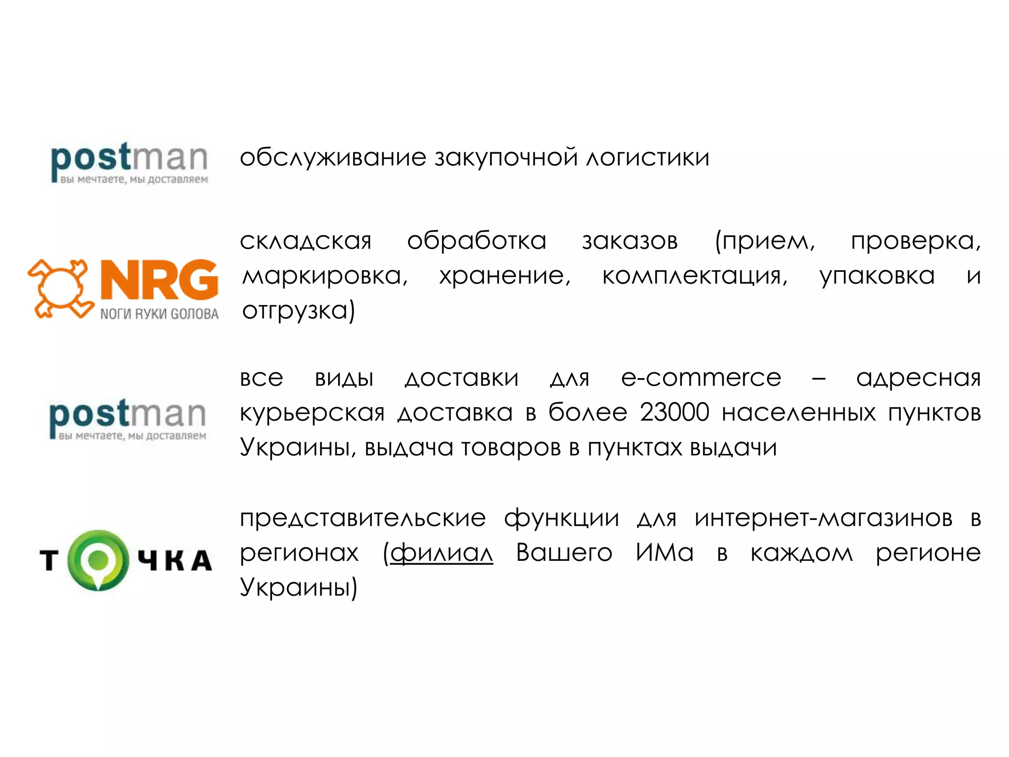 обслуживание закупочной логистики
складская обработка заказов (прием, проверка,
маркировка, хранение, комплектация, упаковка и
отгрузка)
все виды доставки для e-commerce – адресная
курьерская доставка в более 23000 населенных пунктов
Украины, выдача товаров в пунктах выдачи
представительские функции для интернет-магазинов в
регионах (филиал Вашего ИМа в каждом регионе
Украины)
 