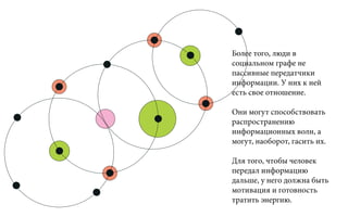 Более того, люди в
социальном графе не
пассивные передатчики
информации. У них к ней
есть свое отношение.
Они могут способствовать
распространению
информационных волн, а
могут, наоборот, гасить их.
Для того, чтобы человек
передал информацию
дальше, у него должна быть
мотивация и готовность
тратить энергию.
 