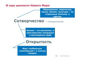 www.advanter.ua
И еще ценности Нового Мира
Сотворчество  сотрудничество
Открытость
43
Бизнес – не компании, а
пространства генерации
и воплощения идей
Бизнес – не компании, а
пространства генерации
и воплощения идей
Мир: глобальные
«кооперации» и кольца
городов
Образование, творчество,
наука, бизнес, культура – не
отдельные понятия, а
единое
 