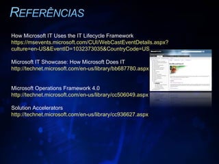 How Microsoft IT Uses the IT Lifecycle Framework https : //msevents . microsoft . com/CUI/WebCastEventDetails . aspx ? culture=en-US&EventID=1032373035&CountryCode=US Microsoft IT Showcase: How Microsoft Does IT   http:// technet . microsoft . com/en-us/library/bb687780 . aspx   Microsoft Operations Framework 4.0 http:// technet . microsoft . com/en-us/library/cc506049 . aspx Solution Accelerators http:// technet . microsoft . com/en-us/library/cc936627 . aspx   
