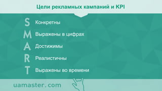 Цели рекламных кампаний и KPI
Достижимы
Выражены во времени
Конкретны
Выражены в цифрах
Реалистичны
 