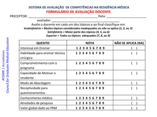 SISTEMA DE AVALIAÇÃO  DE COMPETÊNCIAS NA RESIDÊNCIA MÉDICA FORMULÁRIO DE AVALIAÇÃO DOCENTE PRECEPTOR: ________________________________________ Data: _______________________  avaliador: _______________________________________  Avalie o docente em cada um dos tópicos e ao final classifique em: Insatisfatório = Muitos tópicos considerados inadequados ou não se aplica (1, 2, ou 3)  Satisfatório = Maior parte dos tópicos (4, 5, ou 6) ‏ Superior = Todos os tópicos  adequados (7, 8, ou 9)  ACGME |  Accreditation  Council for Graduate Medical Education   QUESITO NOTA NÃO SE APLICA (NA) ‏ Interesse em Ensinar 1  2  3  4  5  6  7  8  9 (  ) ‏ Habilidade para ensinar técnica cirúrgica 1  2  3  4  5  6  7  8  9 (  ) ‏ Comprometimento com o programa  1  2  3  4  5  6  7  8  9 (  ) ‏ Capacidade de Motivar o residente 1  2  3  4  5  6  7  8  9 (  ) ‏ Modo de Abordagem 1  2  3  4  5  6  7  8  9 (  ) ‏ Receptividade para questionamentos 1  2  3  4  5  6  7  8  9 (  ) ‏ Conhecimento médico 1  2  3  4  5  6  7  8  9 (  ) ‏ Atividades de pesquisa 1  2  3  4  5  6  7  8  9 (  ) ‏ Valor global dado ao PRM 1  2  3  4  5  6  7  8  9 (  ) ‏ 