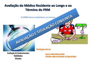 Avaliação do Médico Residente ao Longo e ao Término do PRM    A CNRM deve estabelecer as normas  Participação ativa de  Escolas médicas-Universidades Entidades médicas/Sociedades de Especialidades Avaliação de Conhecimentos Habilidades Atitudes AVALIAÇÃO E TITULAÇÃO CONJUNTA 