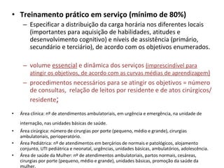 Treinamento prático em serviço (mínimo de 80%) ‏ Especificar a distribuição da carga horária nos diferentes locais (importantes para aquisição de habilidades, atitudes e desenvolvimento cognitivo) e níveis de assistência (primário, secundário e terciário), de acordo com os objetivos enumerados.  volume  essencial  e dinâmica dos serviços  (imprescindível para atingir os objetivos, de acordo com as curvas médias de aprendizagem )   procedimentos necessários para se atingir os objetivos = número de consultas,  relação de leitos por residente e de atos cirúrgicos/residente ; Área clínica: nº de atendimentos ambulatoriais, em urgência e emergência, na unidade de internação, nas unidades básicas de saúde.   Área cirúrgica: número de cirurgias por porte (pequeno, médio e grande), cirurgias ambulatoriais, perioperatório. Área Pediátrica: nº de atendimentos em berçários de normais e patológicos, alojamento conjunto, UTI pediátrica e neonatal, urgências, unidades básicas, ambulatórios, adolescência. Área de saúde da Mulher: nº de atendimentos ambulatoriais, partos normais, cesáreas, cirurgias por porte (pequeno, médio e grande), unidades básicas, promoção da saúde da mulher. 