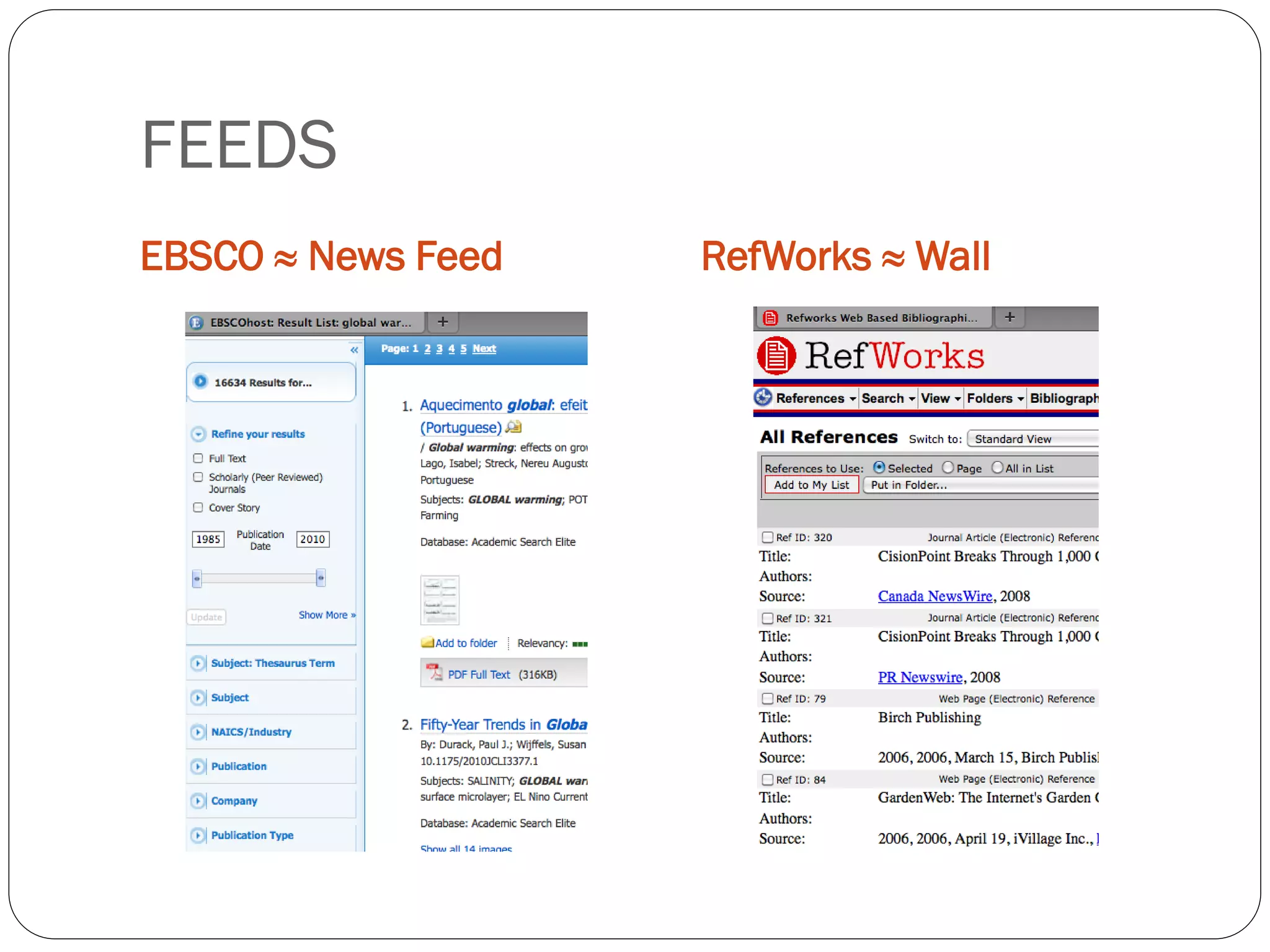 FEEDS
EBSCO ≈ News Feed   RefWorks ≈ Wall
 