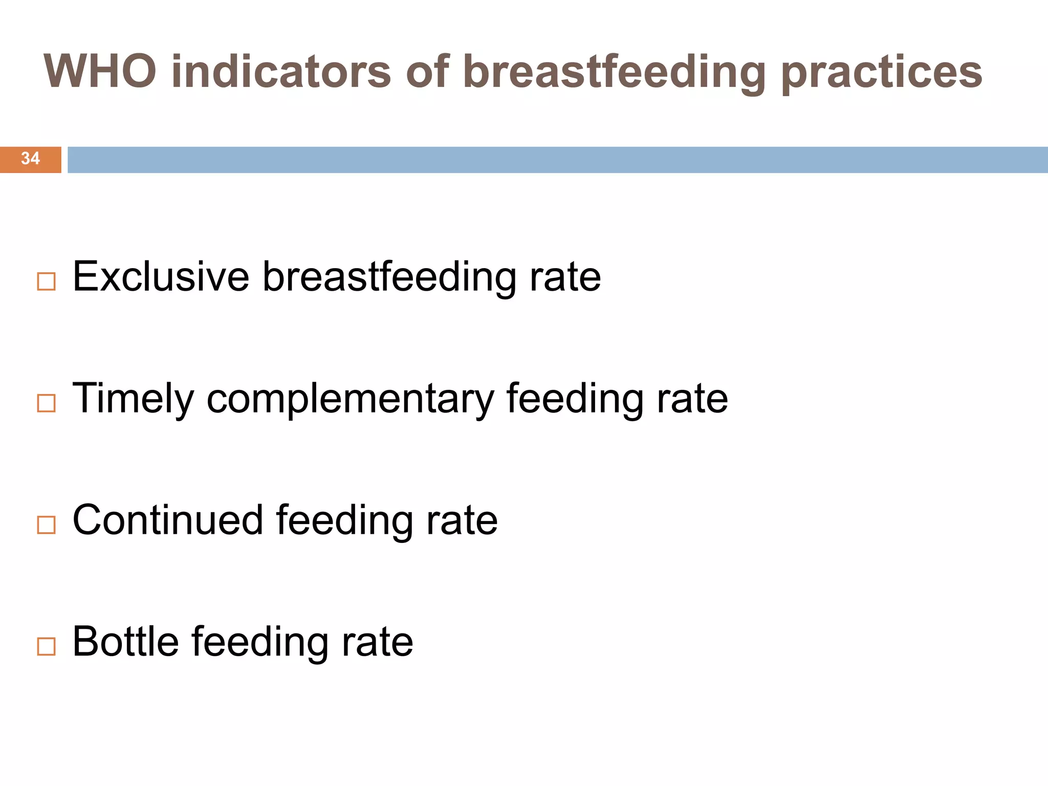 WHO indicators of breastfeeding practices
 Exclusive breastfeeding rate
 Timely complementary feeding rate
 Continued feeding rate
 Bottle feeding rate
34
 