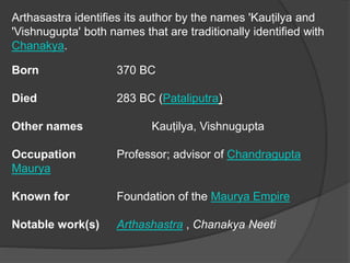 Arthasastra identifies its author by the names 'Kauṭilya and
'Vishnugupta' both names that are traditionally identified with
Chanakya.
Born 370 BC
Died 283 BC (Pataliputra)
Other names Kauṭilya, Vishnugupta
Occupation Professor; advisor of Chandragupta
Maurya
Known for Foundation of the Maurya Empire
Notable work(s) Arthashastra , Chanakya Neeti
 