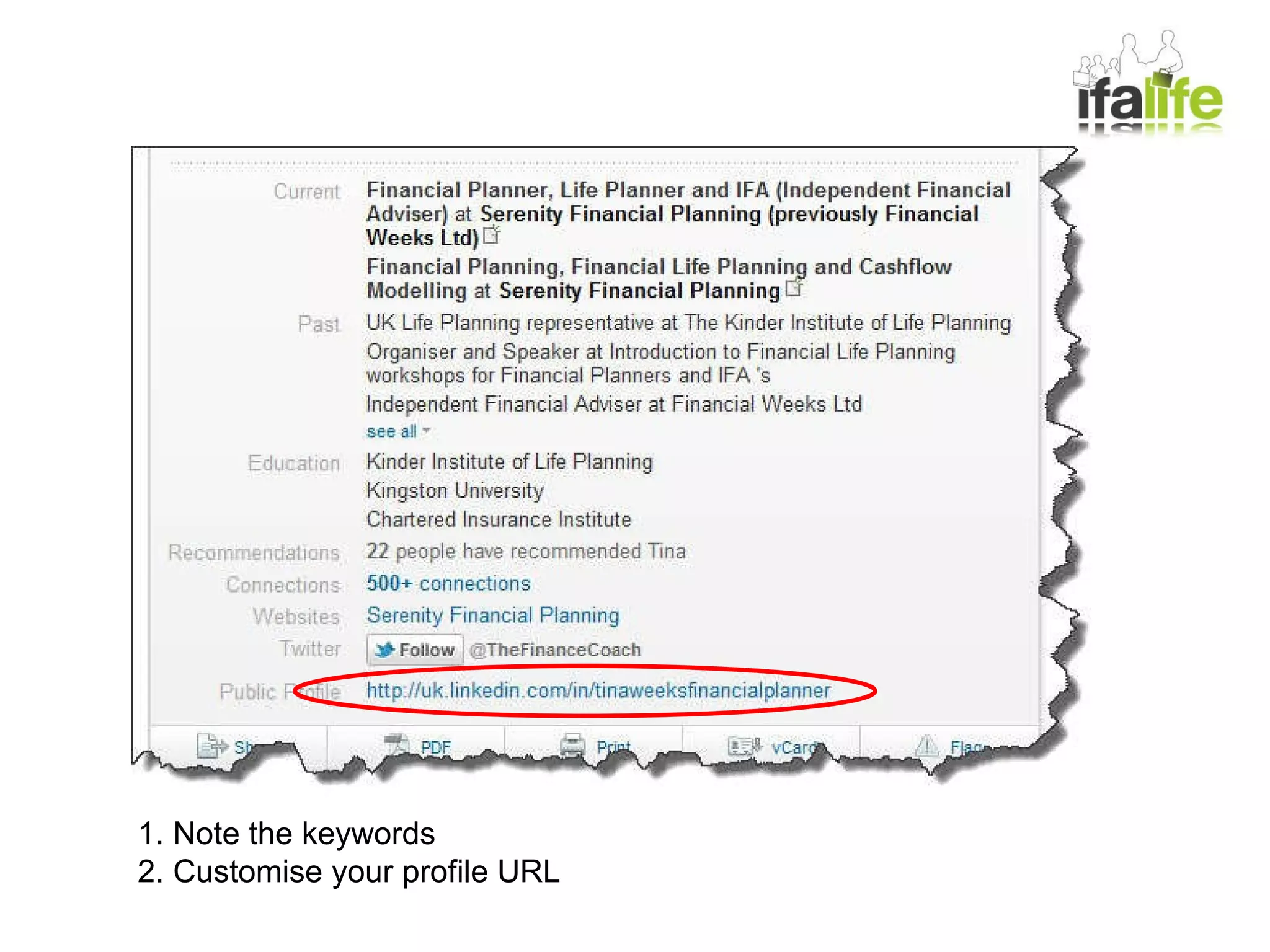 1. Note the keywords 2. Customise your profile URL 