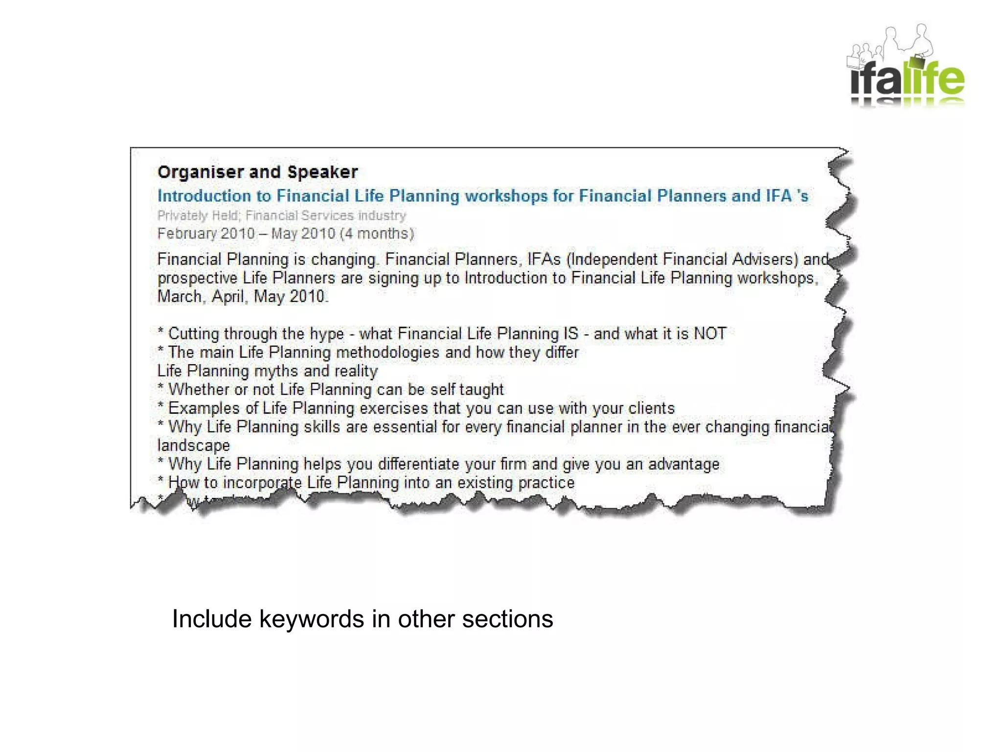 Include keywords in other sections 