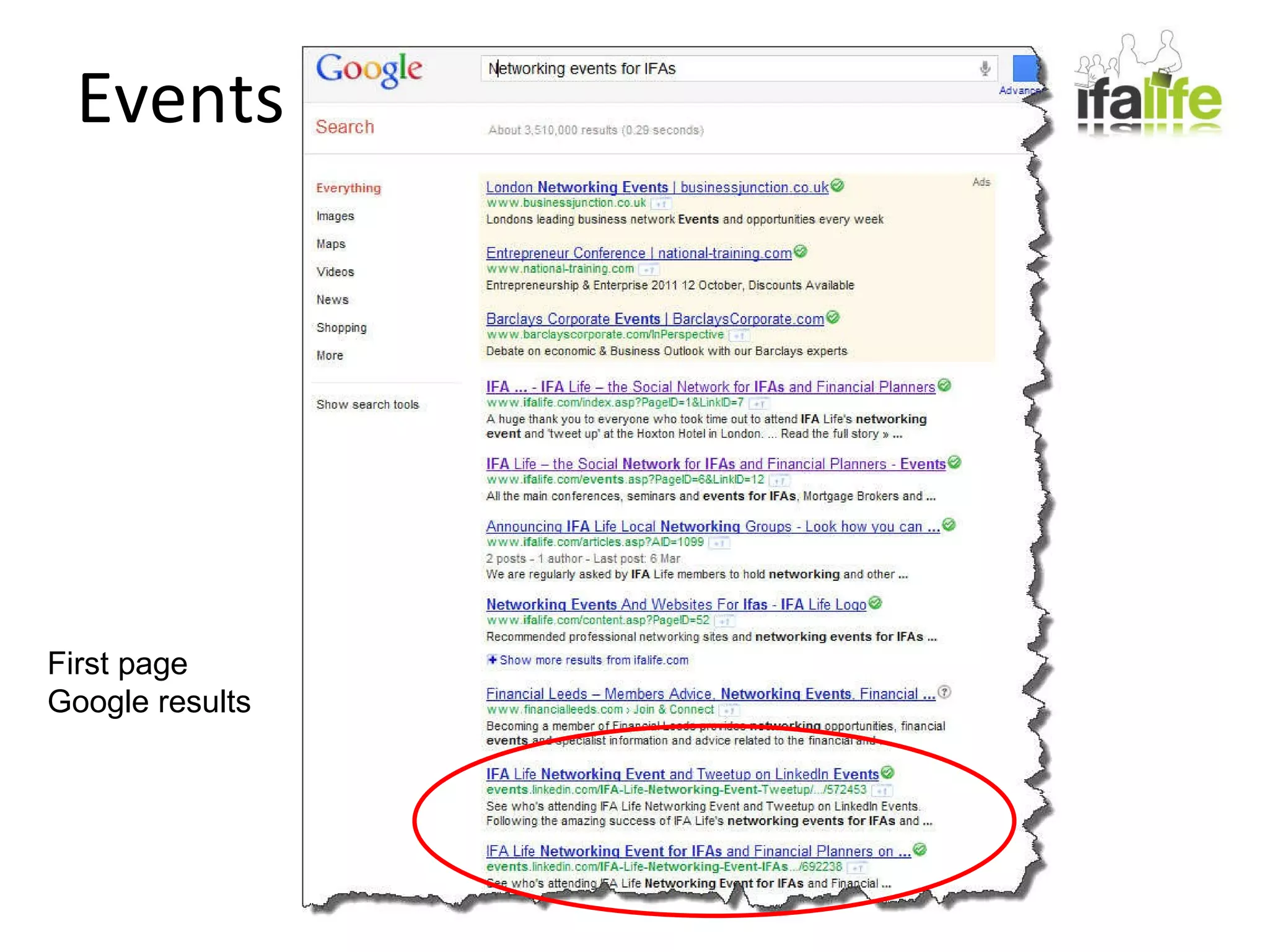 Events First page Google results 