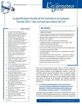 1 
1. Le crédit d'impôt ÉcoRénov pour les 
particuliers : une mesure fiscale québécoise 
temporaire pouvant atteindre 10 0...