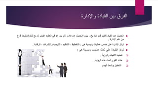 ‫واإلدارة‬ ‫القيادة‬ ‫بين‬ ‫الفرق‬
‫ف‬ ‫ذلك‬ ‫ومع‬ ‫األخيرة‬ ‫العقود‬ ‫في‬ ‫إال‬ ‫يبدأ‬ ‫لم‬ ‫اإلدارة‬ ‫عن‬ ‫الحديث‬ ‫بينما‬ ، ‫التاريخ‬ ‫قدم‬ ‫قديم‬ ‫القيادة‬ ‫عن‬ ‫الحديث‬‫فرع‬ ‫القيادة‬
‫اإلدارة‬ ‫علم‬ ‫من‬.
‫على‬ ‫اإلدارة‬ ‫تركز‬‫خمس‬‫هي‬ ‫رئيسية‬ ‫عمليات‬:‫الرقابة‬ ، ‫واإلشراف‬ ‫التوجيه‬ ، ‫التنظيم‬ ، ‫التخطيط‬.
‫هي‬ ‫رئيسية‬ ‫عمليات‬ ‫ثالث‬ ‫على‬ ‫القيادة‬ ‫تركز‬:
‫والرؤية‬ ‫االتجاه‬ ‫تحديد‬.
‫الرؤية‬ ‫هذه‬ ‫تحت‬ ‫القوى‬ ‫حشد‬.
‫الهمم‬ ‫وشحذ‬ ‫التحفيز‬
 