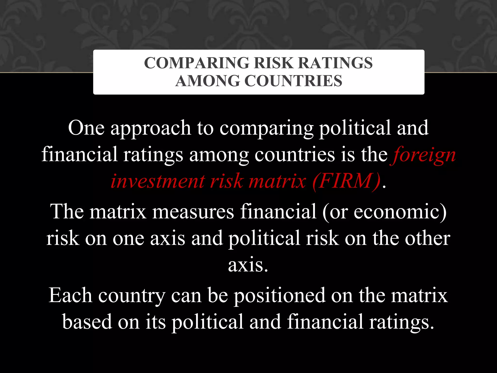 COMPARING RISK RATINGS
AMONG COUNTRIES
One approach to comparing political and
financial ratings among countries is the foreign
investment risk matrix (FIRM).
The matrix measures financial (or economic)
risk on one axis and political risk on the other
axis.
Each country can be positioned on the matrix
based on its political and financial ratings.
 