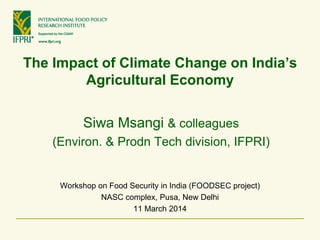 The Impact of Climate Change on India’s
Agricultural Economy
Workshop on Food Security in India (FOODSEC project)
NASC complex, Pusa, New Delhi
11 March 2014
Siwa Msangi & colleagues
(Environ. & Prodn Tech division, IFPRI)
 