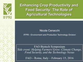 Enhancing Crop Productivity and
Food Security: The Role of
Agricultural Technologies
FAO Biotech Symposium
Side event: Helping Farmers Grow: Climate Change,
Food Security, and the Technology Nexus
FAO – Rome, Italy – February 15, 2016
Nicola Cenacchi
IFPRI - Environment and Production Technology Division
 