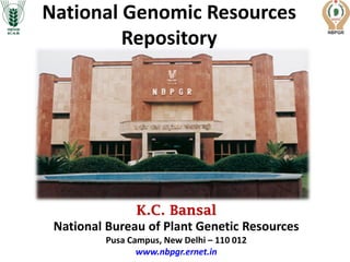 K.C. Bansal
National Bureau of Plant Genetic Resources
Pusa Campus, New Delhi – 110 012
www.nbpgr.ernet.in
National Genomic Resources
Repository
 