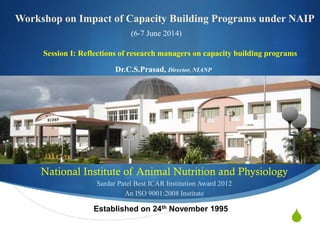 S
National Institute of Animal Nutrition and Physiology
Sardar Patel Best ICAR Institution Award 2012
An ISO 9001:2008 Institute
Established on 24th November 1995
Workshop on Impact of Capacity Building Programs under NAIP
Session I: Reflections of research managers on capacity building programs
Dr.C.S.Prasad, Director, NIANP
(6-7 June 2014)
 