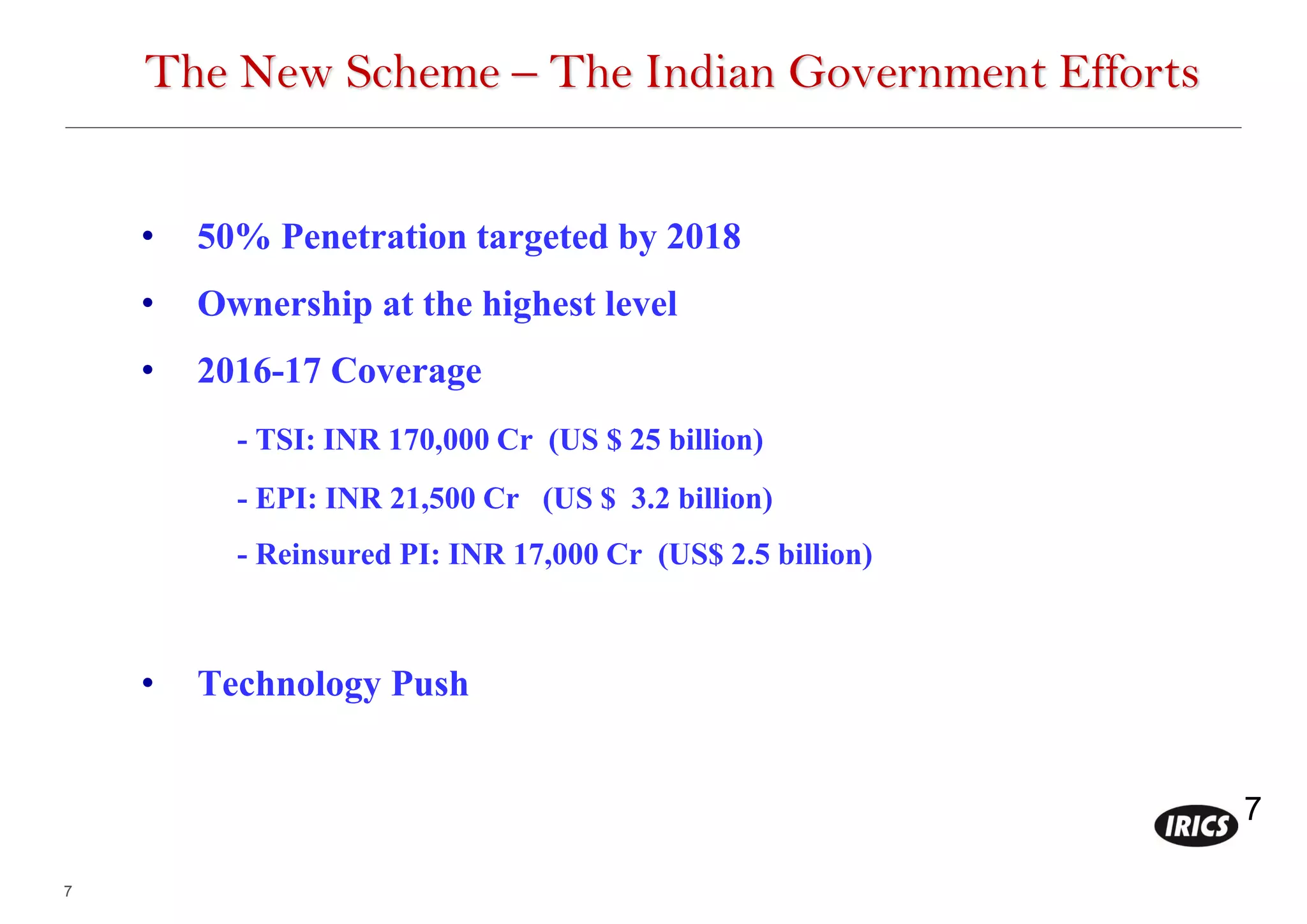 7
7
The New Scheme – The Indian Government Efforts
• 50% Penetration targeted by 2018
• Ownership at the highest level
• 2016-17 Coverage
- TSI: INR 170,000 Cr (US $ 25 billion)
- EPI: INR 21,500 Cr (US $ 3.2 billion)
- Reinsured PI: INR 17,000 Cr (US$ 2.5 billion)
• Technology Push
 