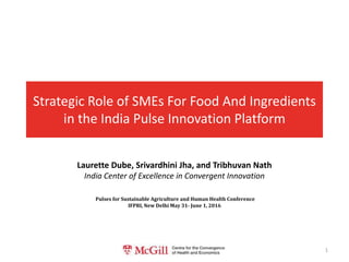 Strategic Role of SMEs For Food And Ingredients
in the India Pulse Innovation Platform
Laurette Dube, Srivardhini Jha, and Tribhuvan Nath
India Center of Excellence in Convergent Innovation
Pulses for Sustainable Agriculture and Human Health Conference
IFPRI, New Delhi May 31- June 1, 2016
1
 