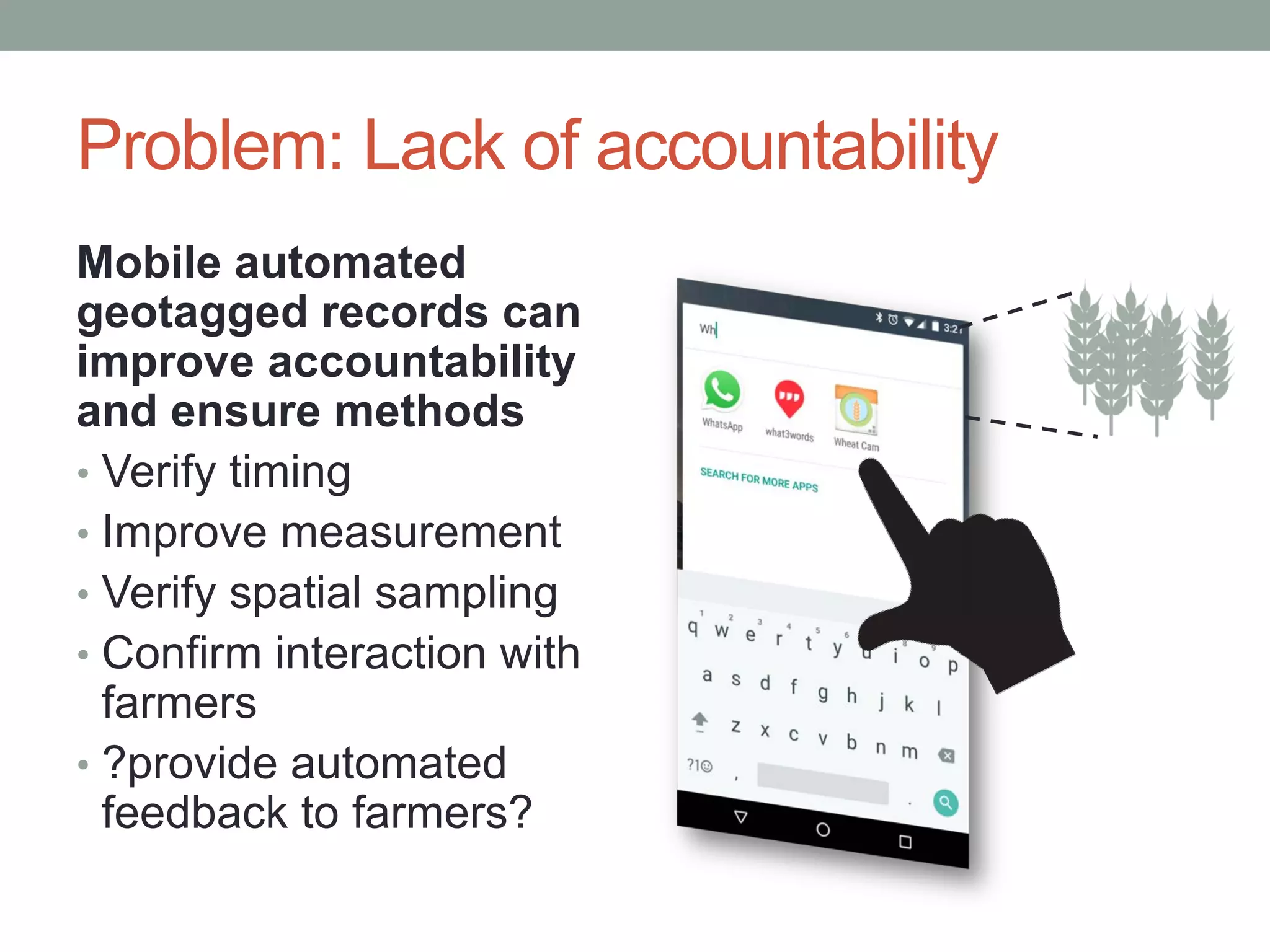 Problem: Lack of accountability
Mobile automated
geotagged records can
improve accountability
and ensure methods
• Verify timing
• Improve measurement
• Verify spatial sampling
• Confirm interaction with
farmers
• ?provide automated
feedback to farmers?
 