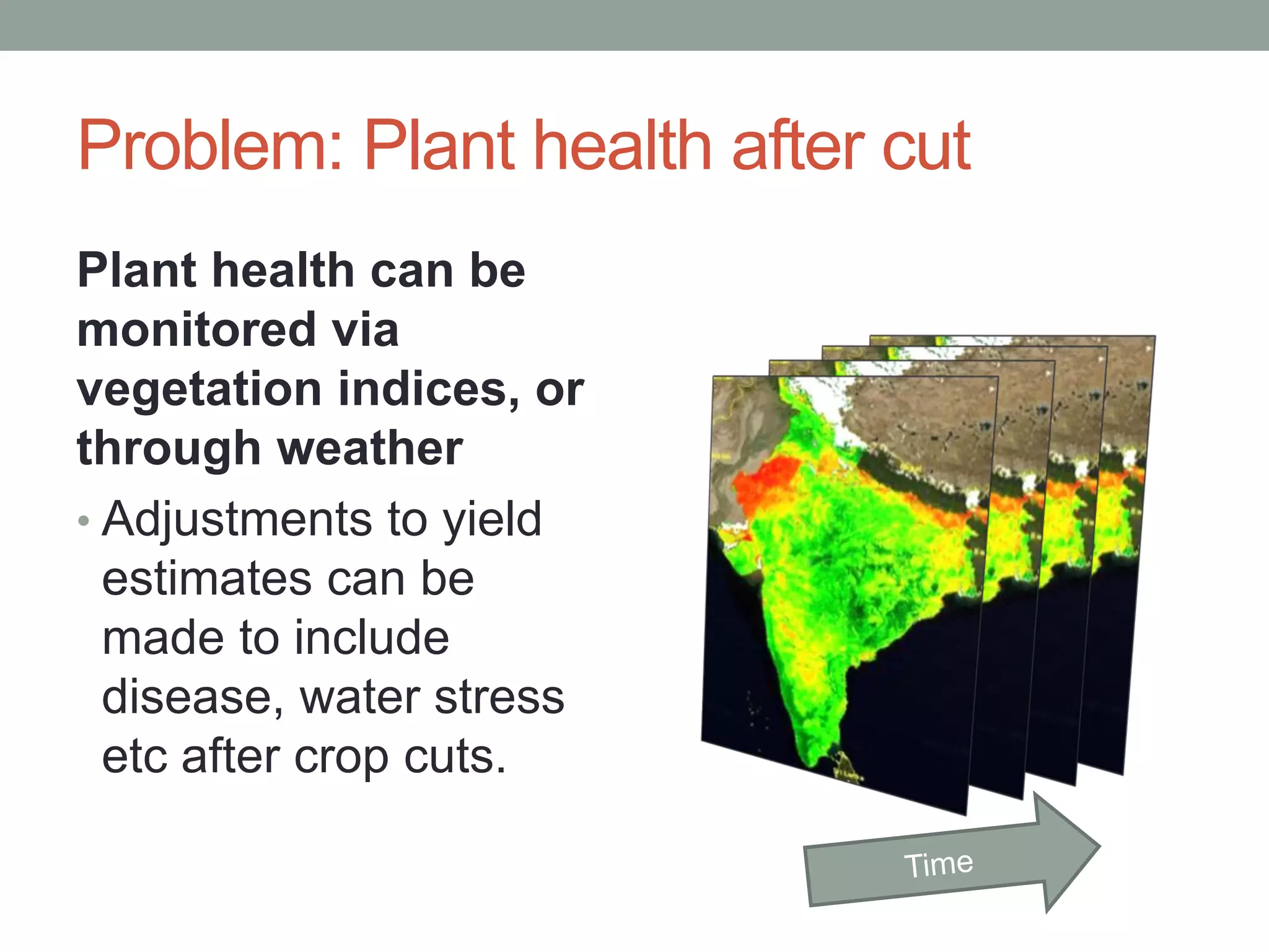 Problem: Plant health after cut
Plant health can be
monitored via
vegetation indices, or
through weather
• Adjustments to yield
estimates can be
made to include
disease, water stress
etc after crop cuts.
 