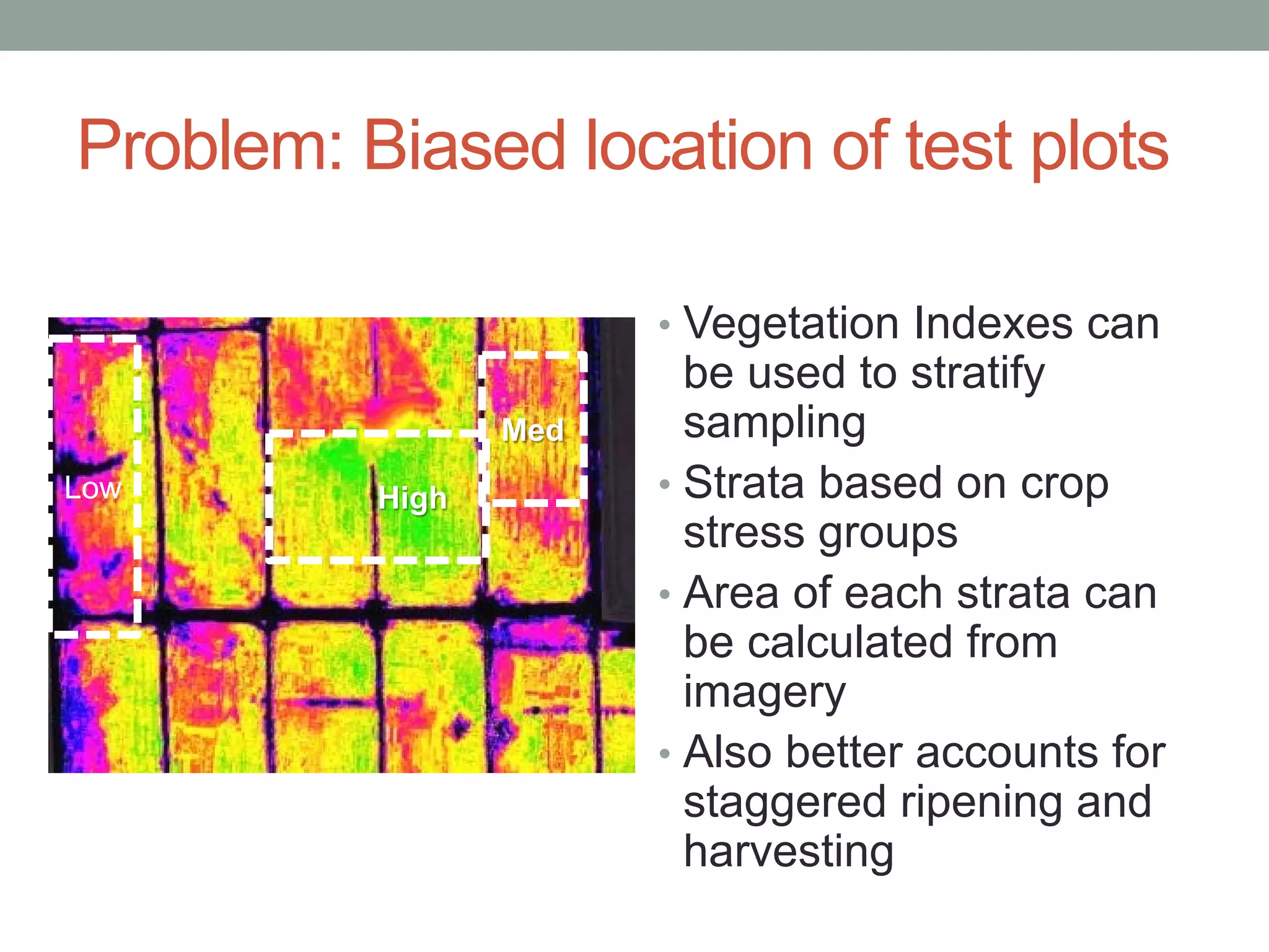 Problem: Biased location of test plots
• Vegetation Indexes can
be used to stratify
sampling
• Strata based on crop
stress groups
• Area of each strata can
be calculated from
imagery
• Also better accounts for
staggered ripening and
harvesting
Low High
Med
 
